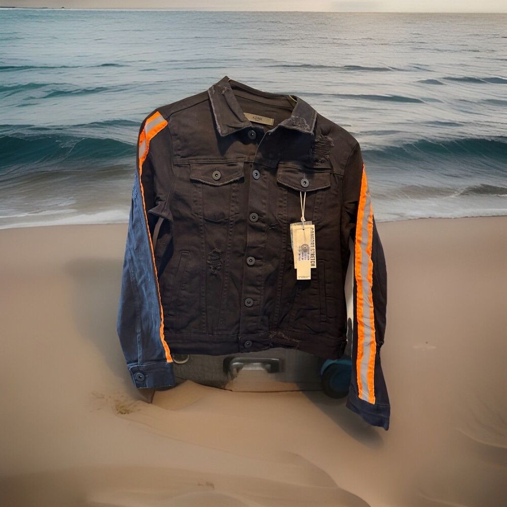 KDNK Comfort Stretch Black Denim Jacket Men’s M Orange Reflective Stripe NWT
